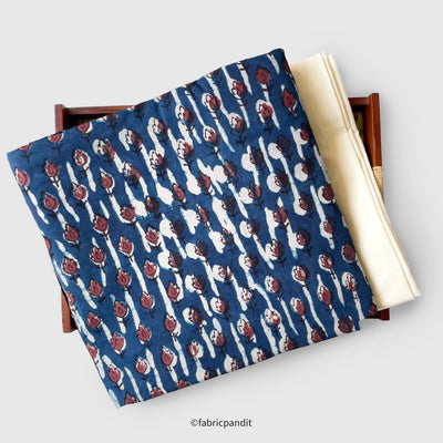 Fabric Pandit Kurta Set Indigo Blue & Red Abstract Tulips | Hand Block Printed Pure Cotton Kurta Fabric (3 Meters) | and Cotton Pyjama (2.5 Meters) | Unstitched Combo Set