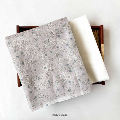 Fabric Pandit Kurta Set Light Grey & Blue Orchid Farm | Printed & Embroidered Cotton Kurta Fabric (3 Meters) |  and Cotton Pyjama (2.5 Meters) | Unstitched Combo Set