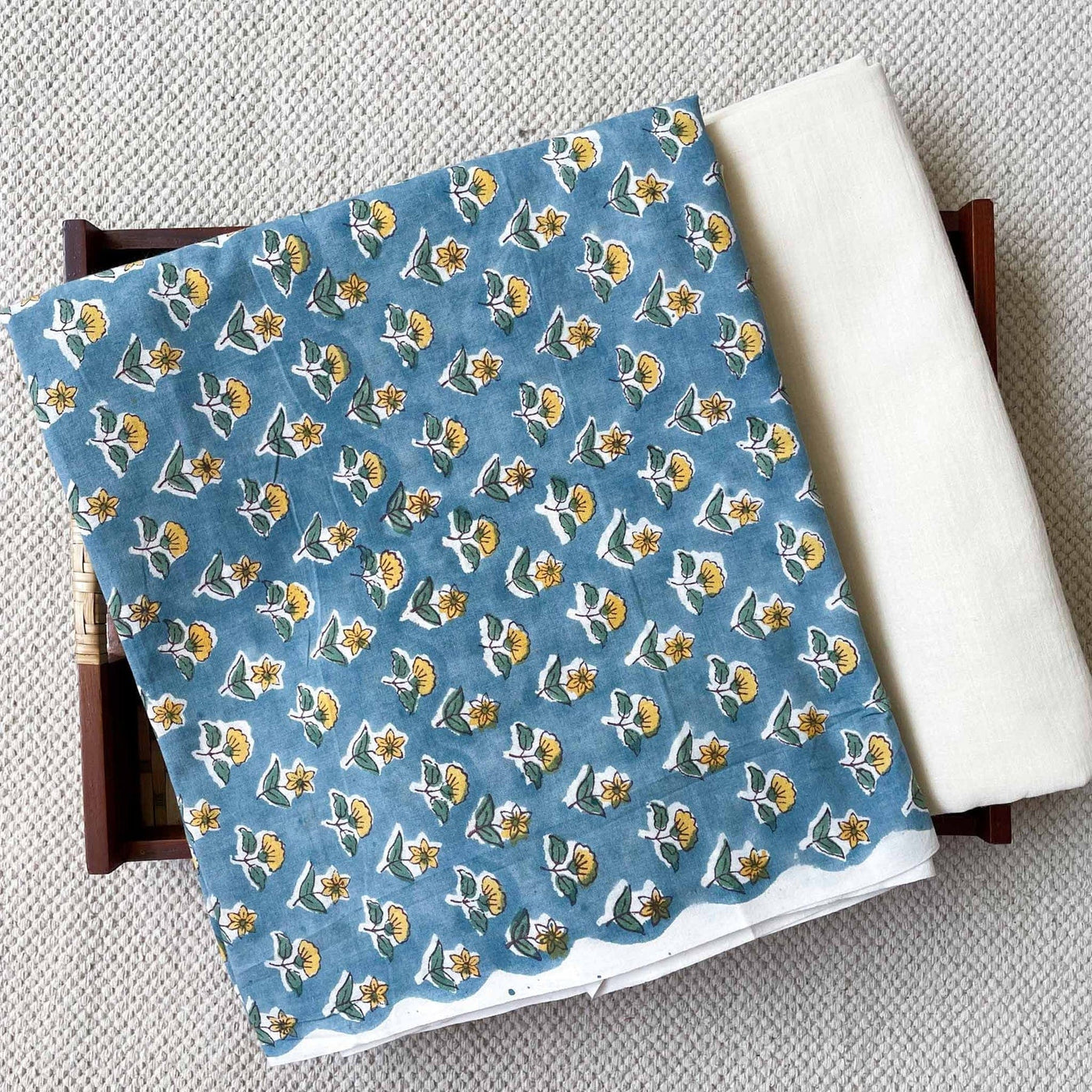 Fabric Pandit Kurta Set Men's English Blue and Yellow Mughal Flower Pattern | Hand Block Printed Pure Cotton Kurta Fabric (3 meters) | And Cotton Pyjama (2.5 meters) | Unstitched Combo Set