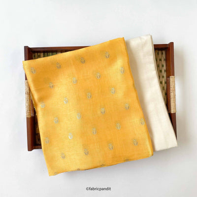 Fabric Pandit Kurta Set Men's Indian Yellow Mini Daisies Cloth of Gold | Woven Pure Russian Silk Kurta Fabric (3.2 Meters) | and Cotton Pyjama (2.5 Meters) | Unstitched Combo Set