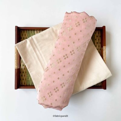 Fabric Pandit Kurta Set Rose Pink Bandhani In Gold | Organza Satin Kurta Fabric (3 Meters) | and Cotton Pyjama (2.5 Meters) | Unstitched Combo Set