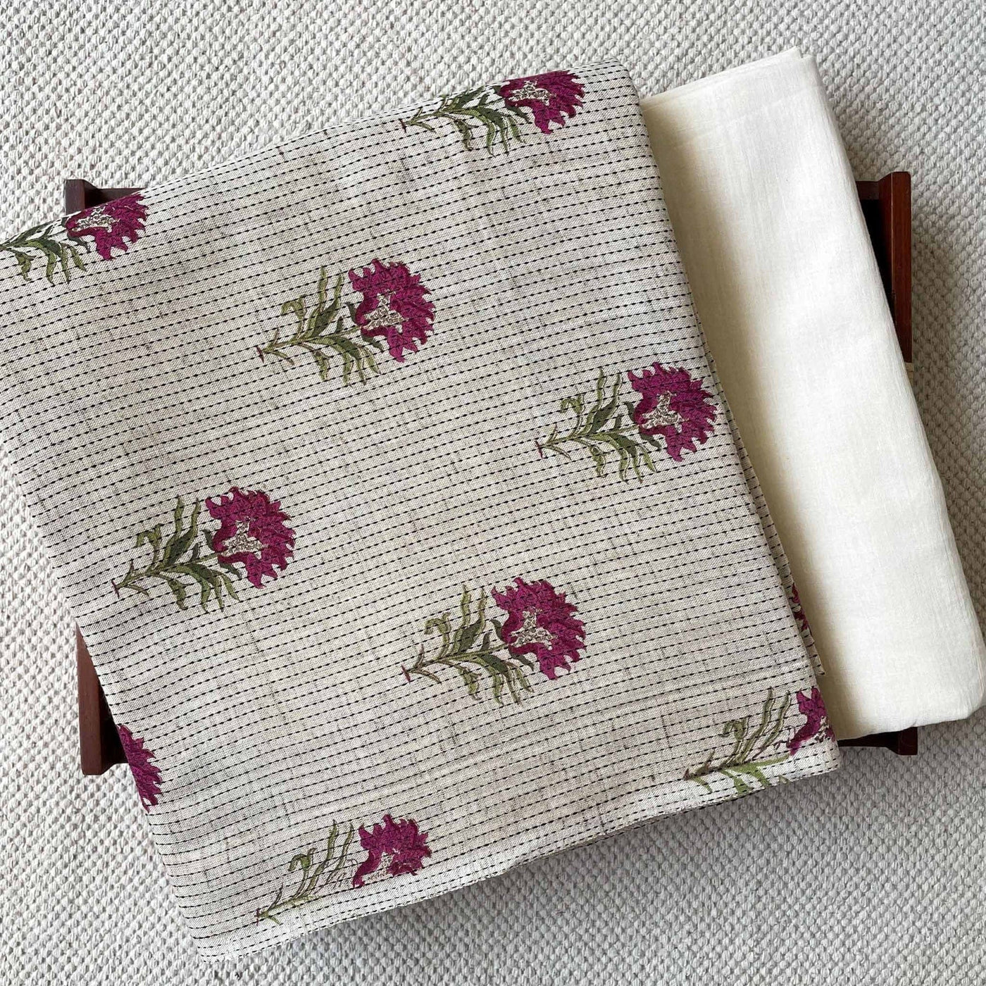 Fabric Pandit Kurta Set Unisex Beige & Magenta Floral | Woven Kantha Hand Block Printed Pure Cotton Kurta Fabric (3 meters) | And Cotton Pyjama (2.5 meters) | Unstitched Combo Set