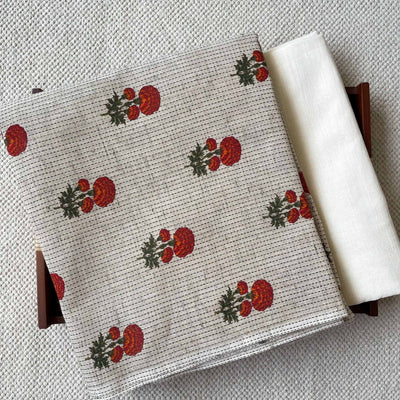 Fabric Pandit Kurta Set Unisex Beige & Orange Floral Hydrangea | Woven Kantha Hand Block Printed Pure Cotton Kurta Fabric (3 meters) | And Cotton Pyjama (2.5 meters) | Unstitched Combo Set