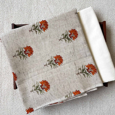 Fabric Pandit Kurta Set Unisex Beige & Orange Floral | Woven Kantha Hand Block Printed Pure Cotton Kurta Fabric (3 meters) | And Cotton Pyjama (2.5 meters) | Unstitched Combo Set