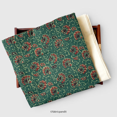 Fabric Pandit Kurta Set Unisex Dark Green & Red Traditional Floral | Hand Block Printed Pure Cotton Kurta Fabric (3 Meters) | and Cotton Pyjama (2.5 Meters) | Unstitched Combo Set