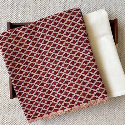 Fabric Pandit Kurta Set Unisex Maroon & Beige Artistic Mughal Floral | Hand Block Printed Pure Cotton Silk Kurta Fabric (3 Meters) | And Cotton Pyjama (2.5 meters) | Unstitched Combo Set