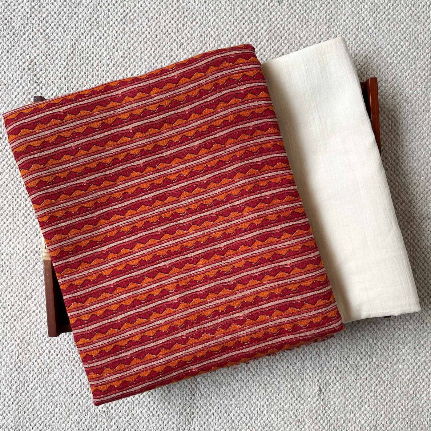 Fabric Pandit Kurta Set Unisex Maroon & Mustard Summer in Hawaii Zig-Zag Stripes | Hand Block Printed Pure Cotton Silk Kurta Fabric (3 Meters) | And Cotton Pyjama (2.5 Meters) | Unstitched Combo Set