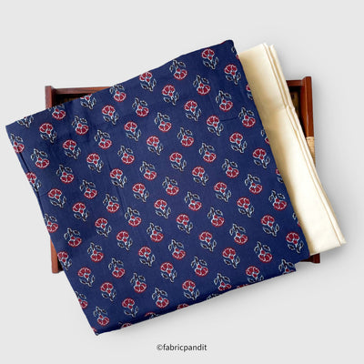 Fabric Pandit Kurta Set Unisex Navy Blue & Red Mini Tulips | Hand Block Printed Pure Cotton Kurta Fabric (3 Meters) | and Cotton Pyjama (2.5 Meters) | Unstitched Combo Set