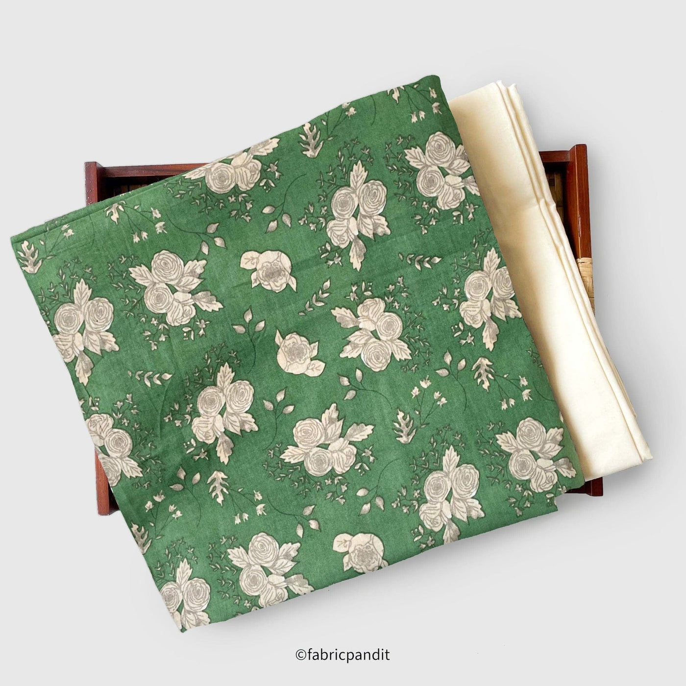 Fabric Pandit Kurta Set Unisex Olive Green & White Rose Bunch | Hand Block Printed Pure Cotton Kurta Fabric (3 Meters) | and Cotton Pyjama (2.5 Meters) | Unstitched Combo Set