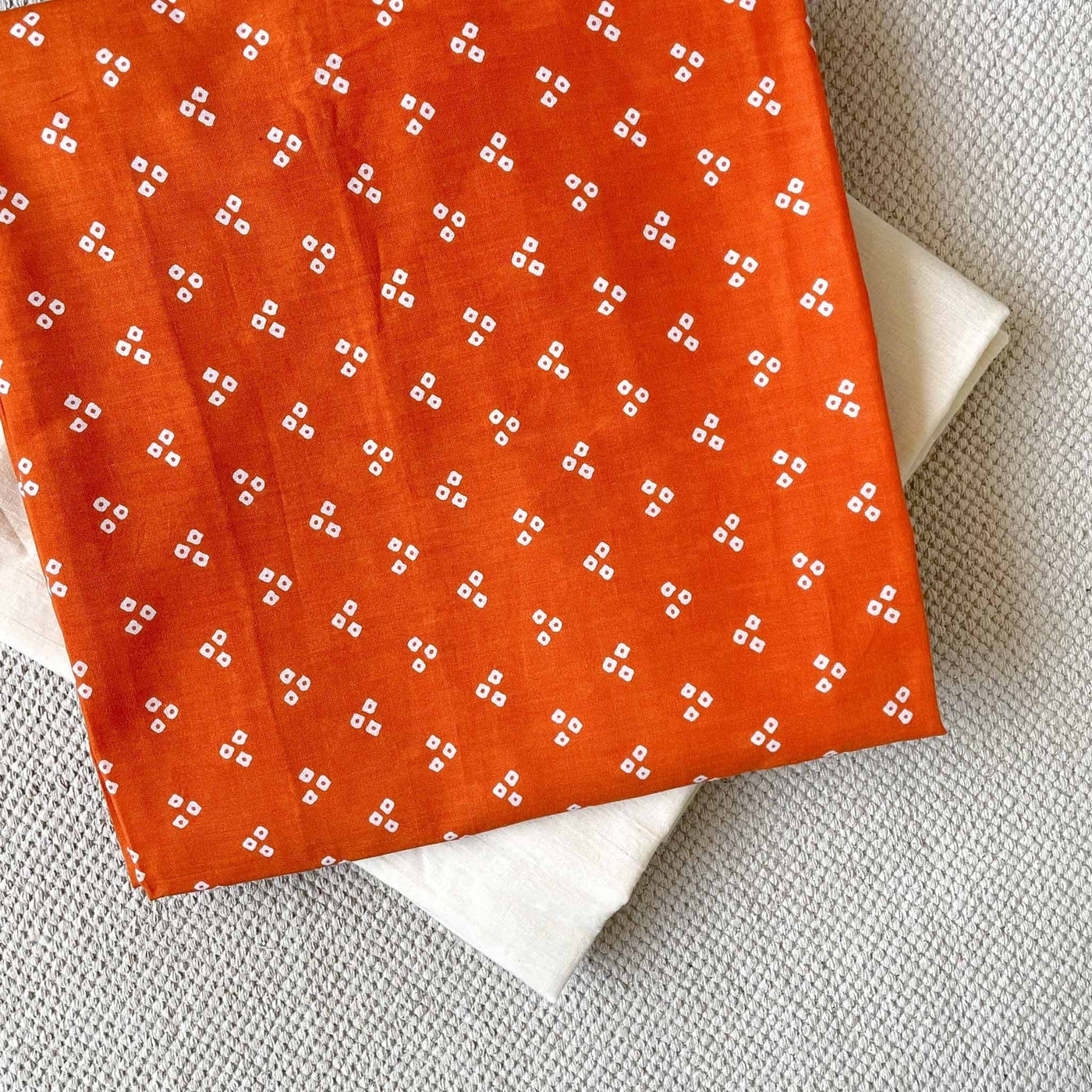 Fabric Pandit Kurta Set Unisex Orange And White Triple Dots Bandhani Pattern | Hand Block Printed Pure Cotton Kurta Fabric (3 Meters) | and Cotton Pyjama (2.5 Meters) | Unstitched Combo Set