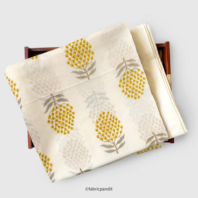 Fabric Pandit Kurta Set Unisex White and Yellow Marigolds | Hand Block Printed Pure Cotton Kurta Fabric (3 Meters) | and Cotton Pyjama (2.5 Meters) | Unstitched Combo Set
