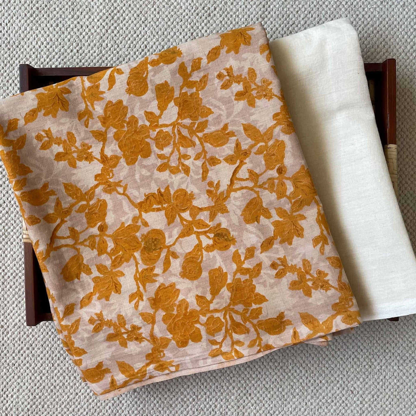 Fabric Pandit Kurta Set Women's Beige & Dusty Yellow Pomegranate Garden | Hand Block Printed Pure Mul Cotton Kurta Fabric (2.5 meters) | And Cotton Pyjama (2.5 meters) | Unstitched Combo Set