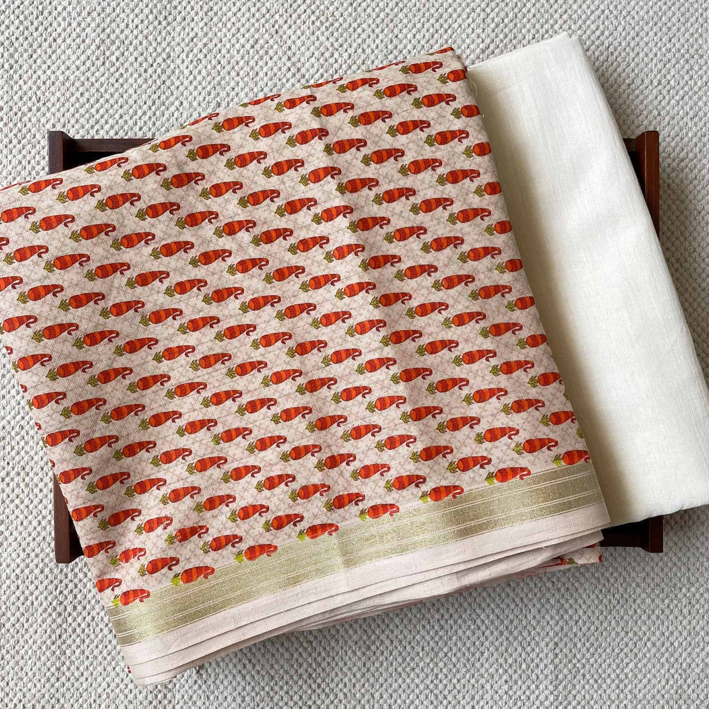 Fabric Pandit Kurta Set Women's Soft Gold & Orange Abstract Paisely | Hand Block Printed Pure Cotton Denting Kurta Fabric (2.5 meters) | And Cotton Pyjama (2.5 meters) | Unstitched Combo Set
