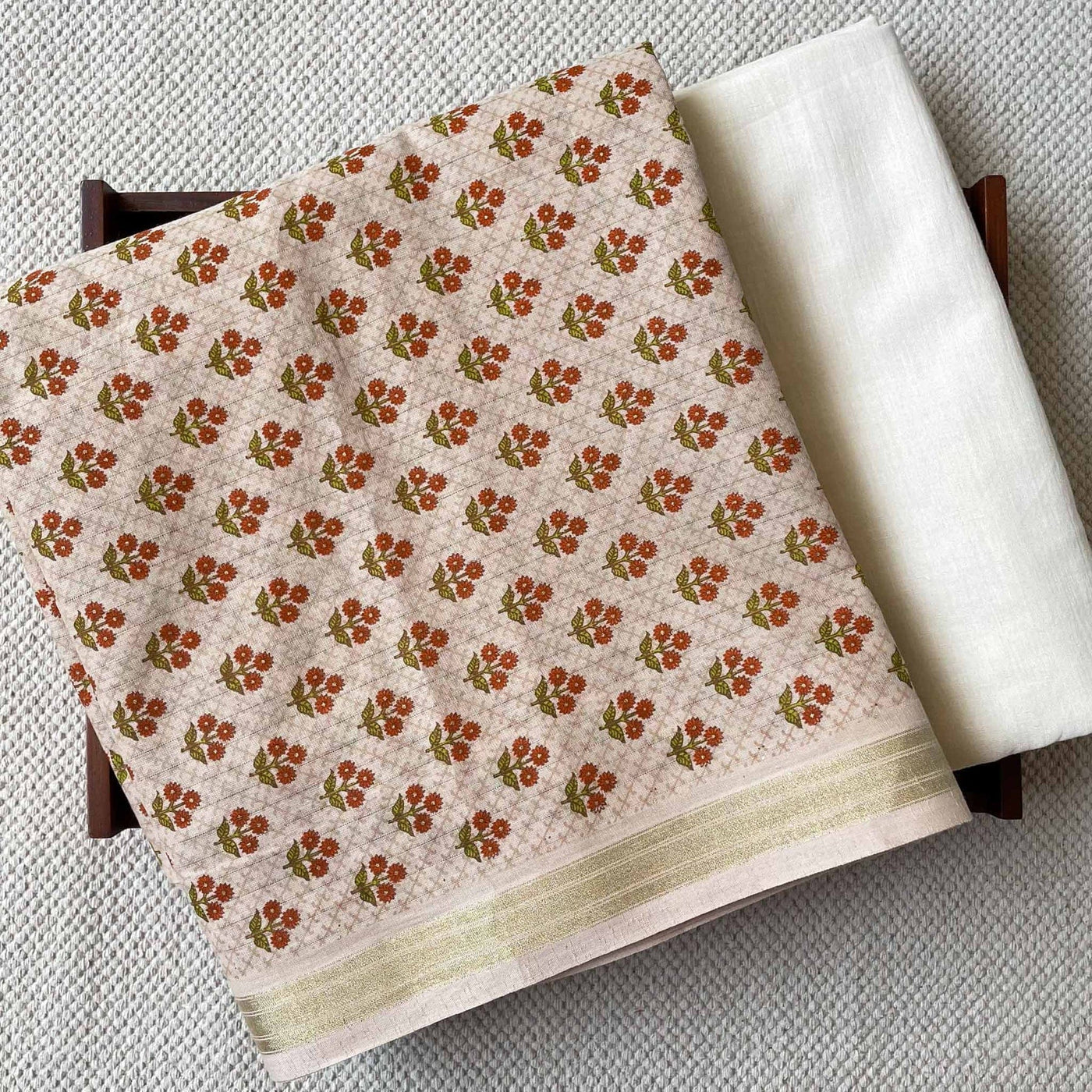 Fabric Pandit Kurta Set Women's Soft Gold & Orange Sunflower Bunch | Hand Block Printed Pure Cotton Denting Kurta Fabric (2.5 meters) | And Cotton Pyjama (2.5 meters) | Unstitched Combo Set