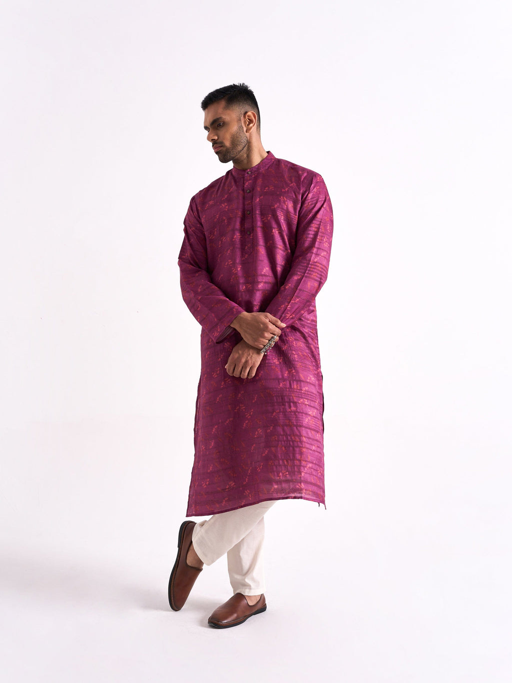 Fabric Pandit Men's Stitched Long Kurta Men's Soft Magenta Printed Tussar Silk Comfort Fit Long Kurta