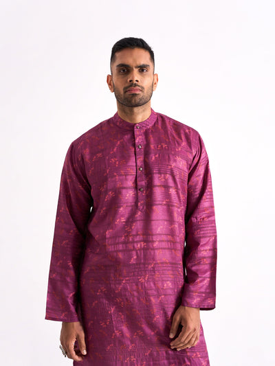 Fabric Pandit Men's Soft Magenta Printed Tussar Silk Comfort Fit Long Kurta