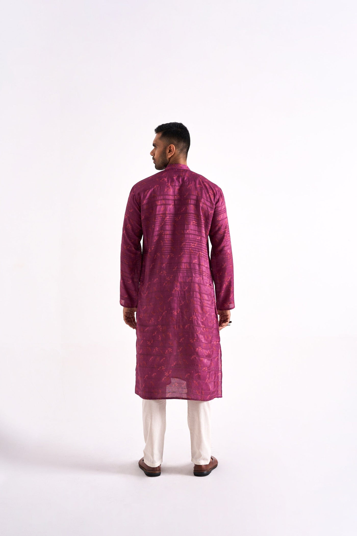 Fabric Pandit Men's Stitched Long Kurta Men's Soft Magenta Printed Tussar Silk Comfort Fit Long Kurta