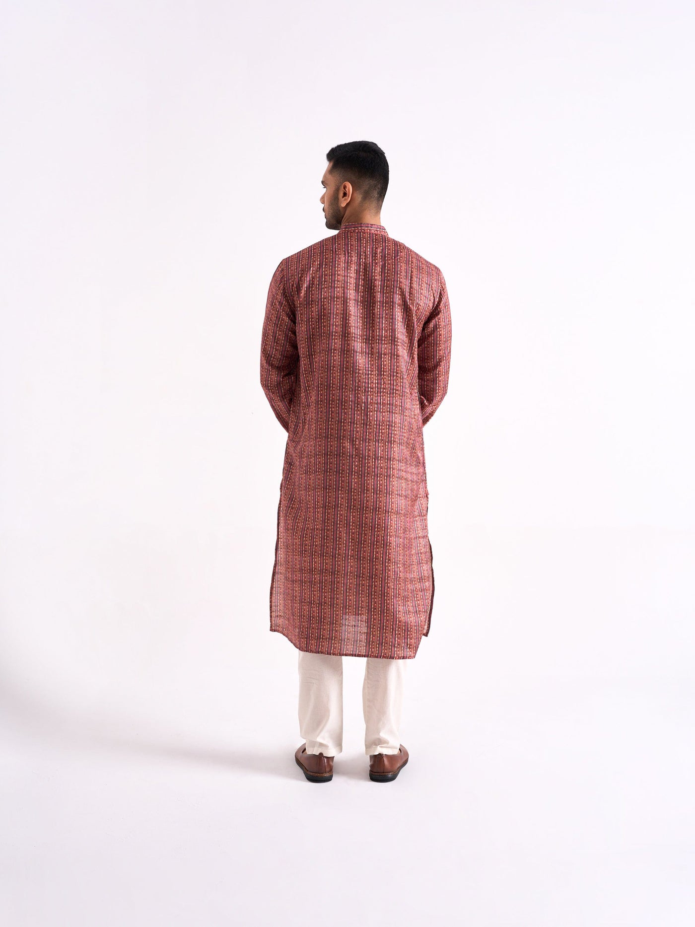 Fabric Pandit Men's Yellow & Pink Phulkari Stripes Printed Tussar Silk Comfort Fit Long Kurta