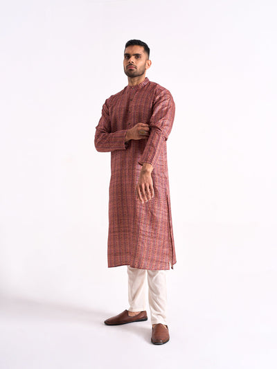 Fabric Pandit Men's Yellow & Pink Phulkari Stripes Printed Tussar Silk Comfort Fit Long Kurta