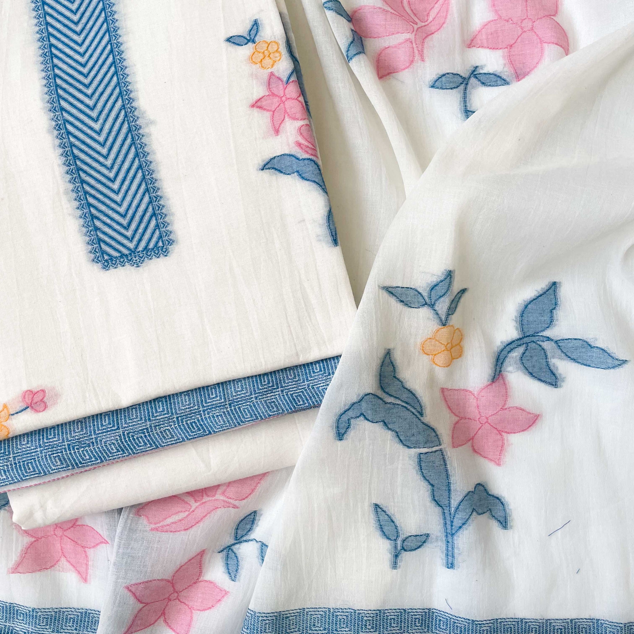 Fabric Pandit Unstitched Suit Aqua Blue & Peach Blooming Lilies Woven Pure Cotton Unstitched Suit Set