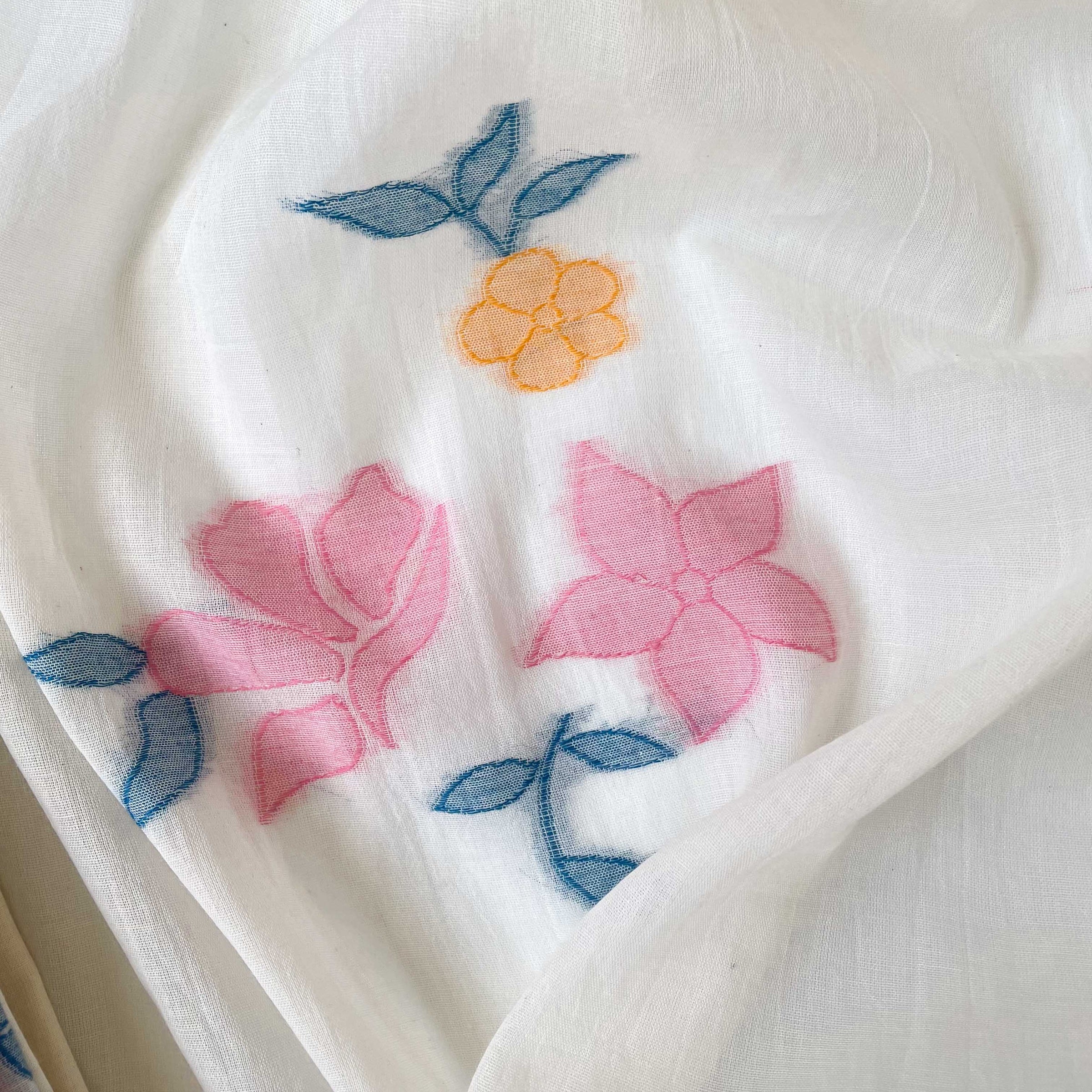 Fabric Pandit Unstitched Suit Aqua Blue & Peach Blooming Lilies Woven Pure Cotton Unstitched Suit Set