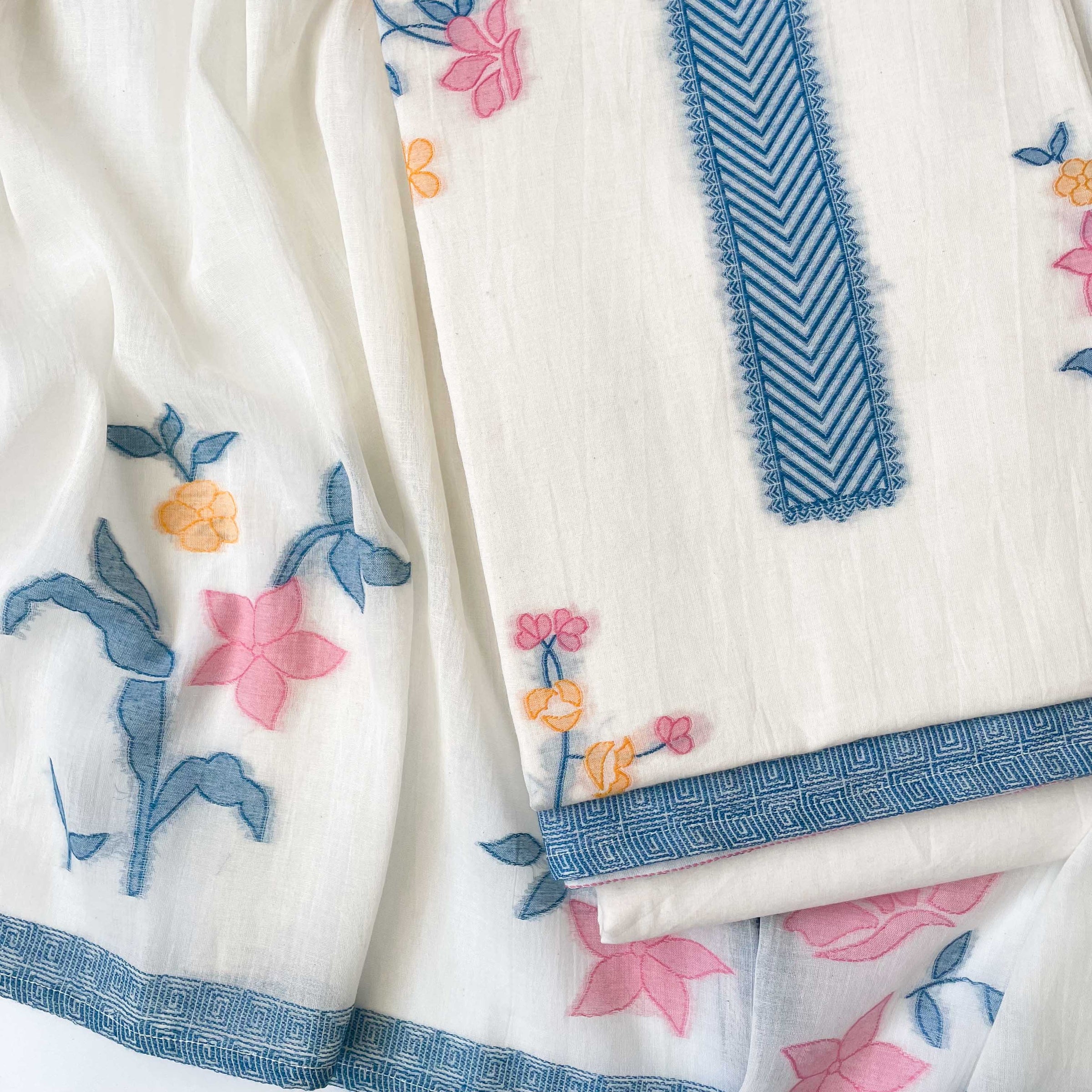 Fabric Pandit Unstitched Suit Aqua Blue & Peach Blooming Lilies Woven Pure Cotton Unstitched Suit Set