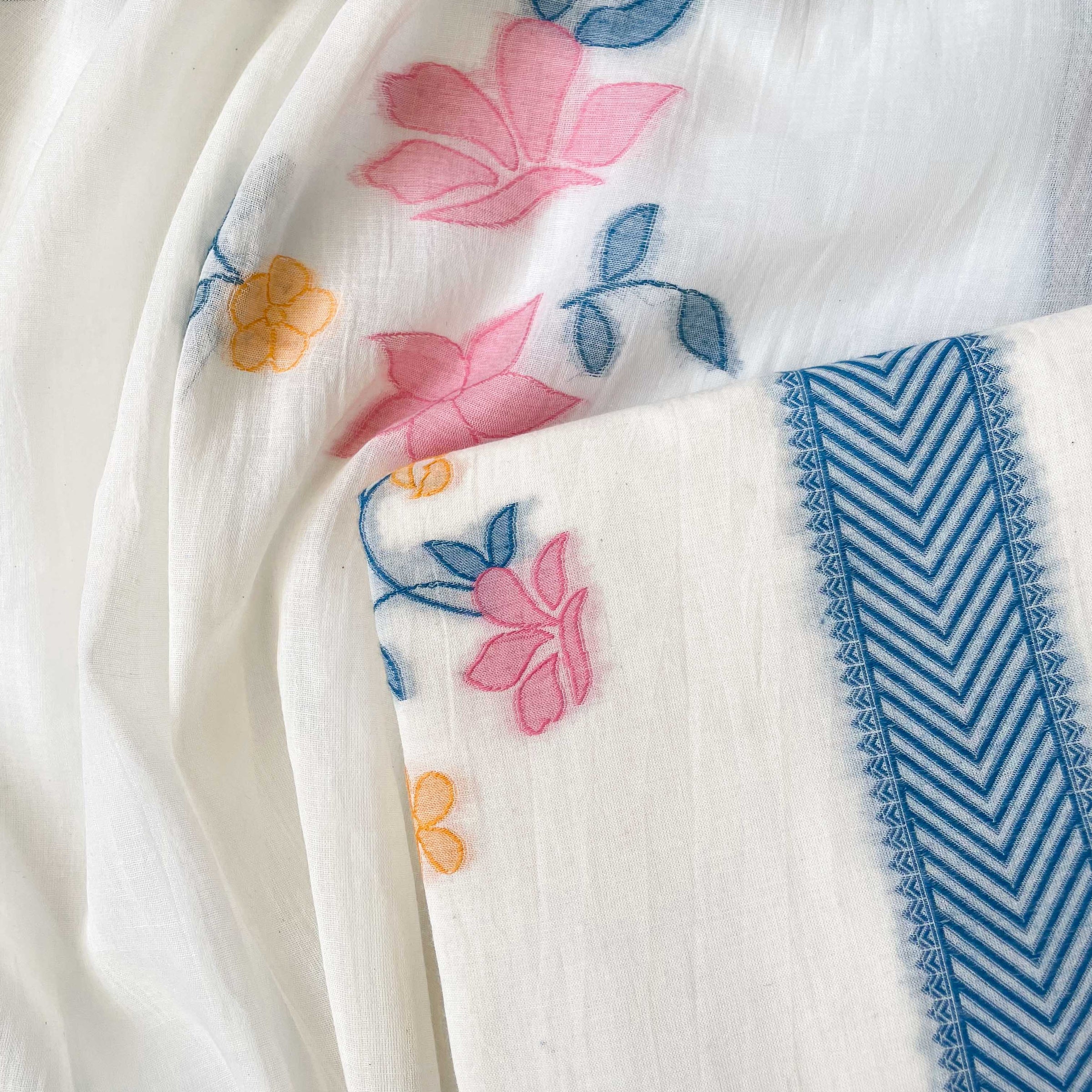 Fabric Pandit Unstitched Suit Aqua Blue & Peach Blooming Lilies Woven Pure Cotton Unstitched Suit Set