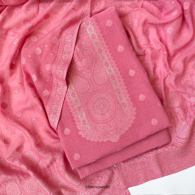 Fabric Pandit Unstitched Suit Rose Pink & Gold Traditional Guftagu Collection Woven Fine Linen Unstitched Suit Set