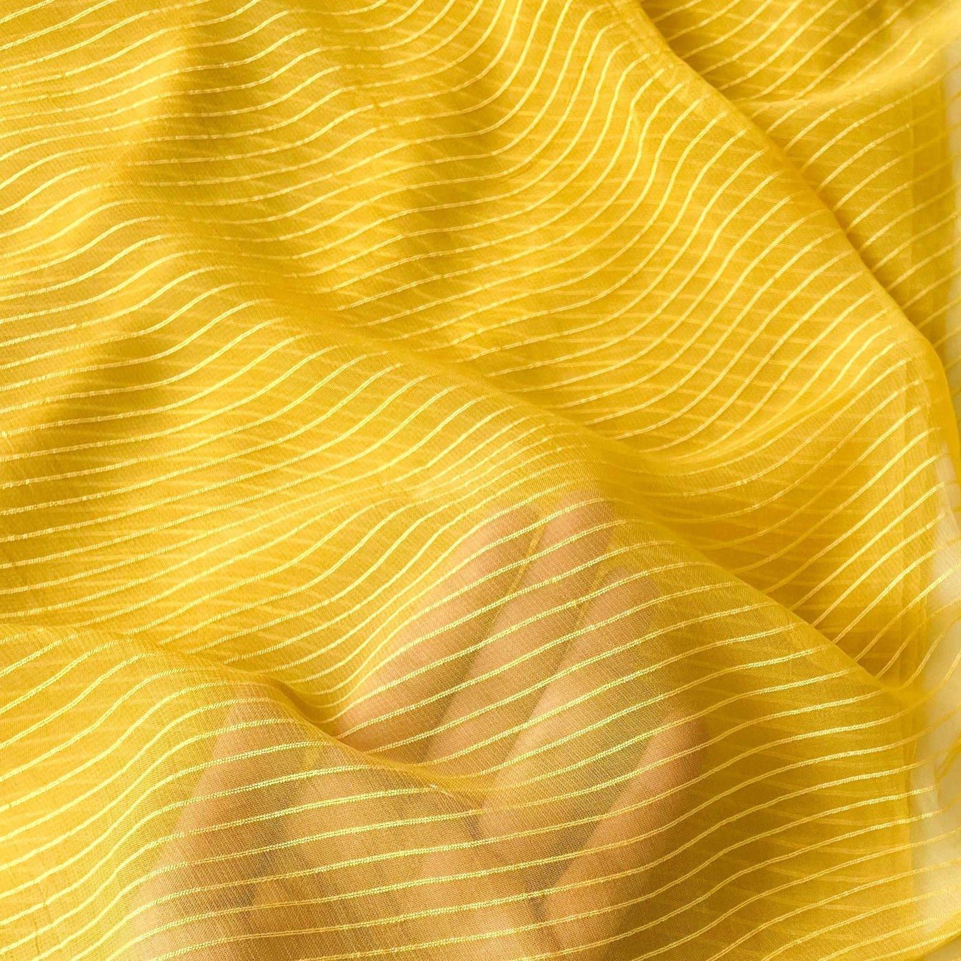 Georgette Saree Cut Piece (CUT PIECE) Sunset Yellow Mini Stripes Woven Pure Georgette Fabric (Width 44 Inches)