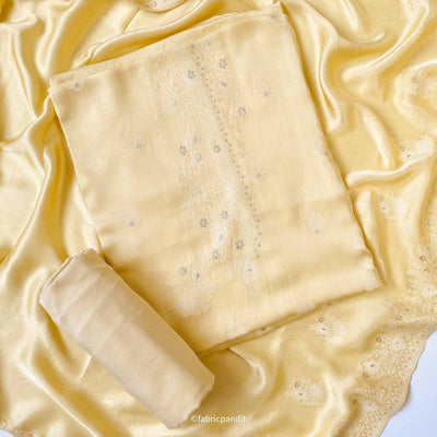 Guftagu Suit Set Unstitched Suit Pastel Yellow Guftagu Collection Woven Pure Gaji Silk Unstitched Suit Set
