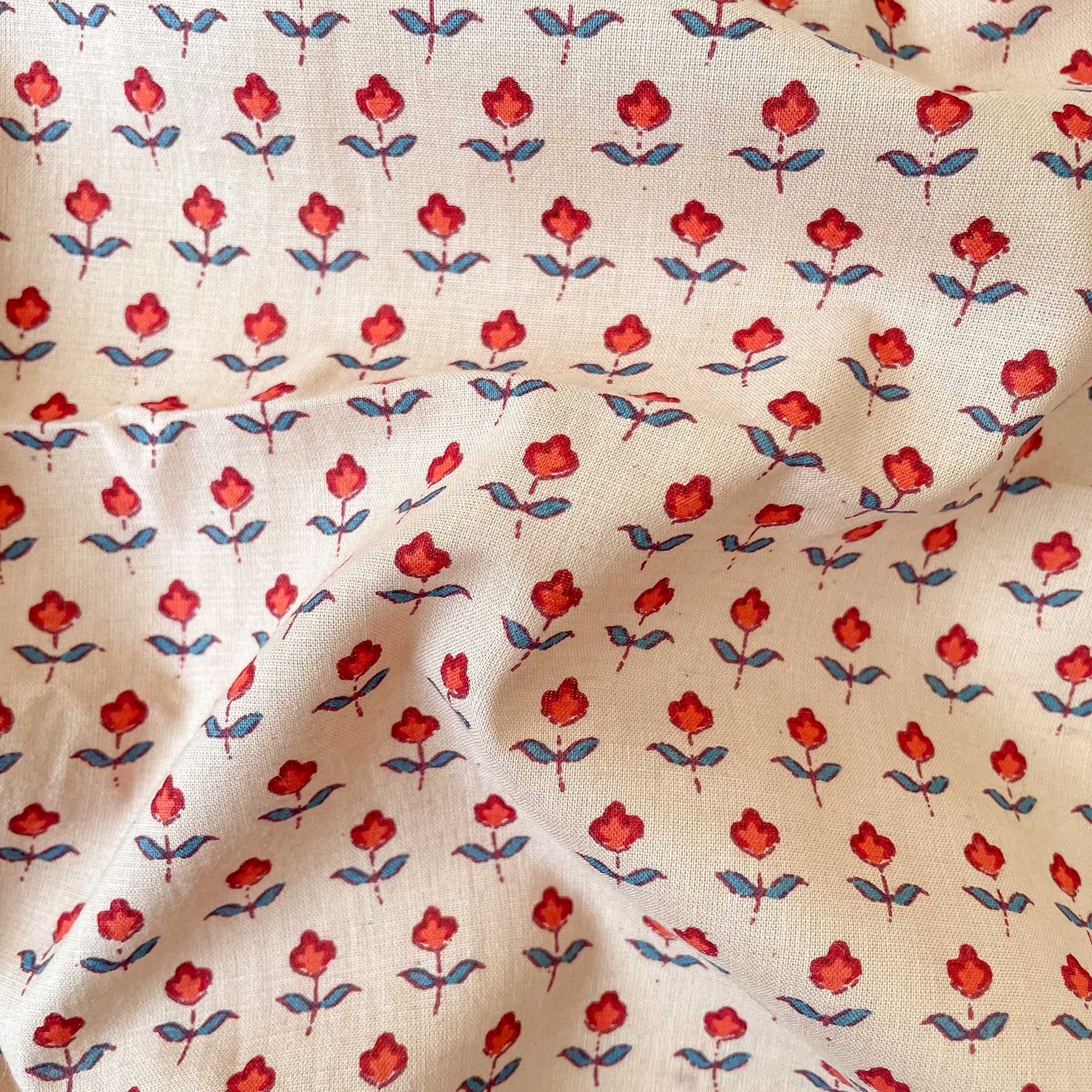 Hand Block Printed Cotton Fabric Blouse Piece Beige & Red Mini Flowers Hand Block Printed Pure Cotton Blouse Piece (1 Meter Piece | Width 42 Inches)