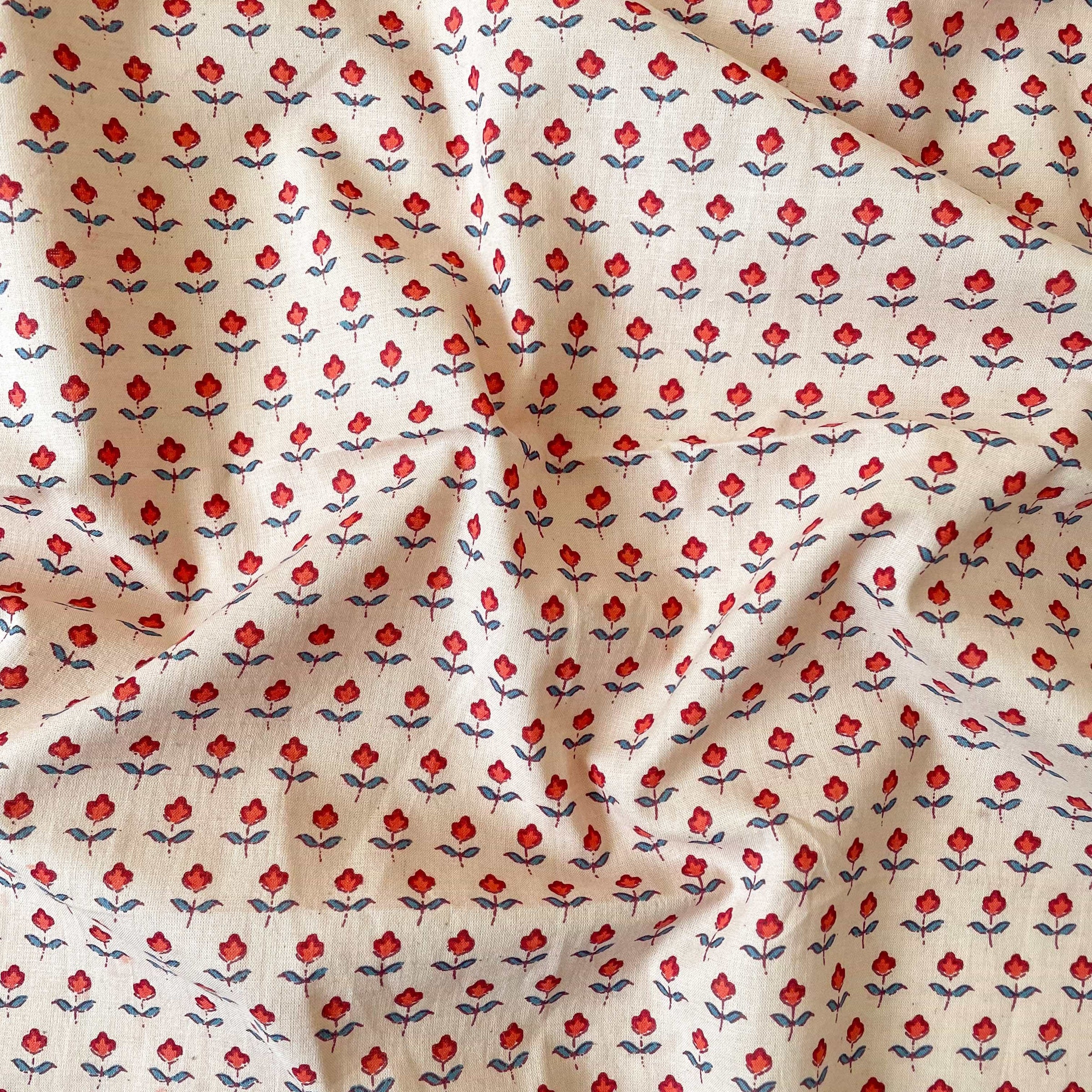 Hand Block Printed Cotton Fabric Blouse Piece Beige & Red Mini Flowers Hand Block Printed Pure Cotton Blouse Piece (1 Meter Piece | Width 42 Inches)