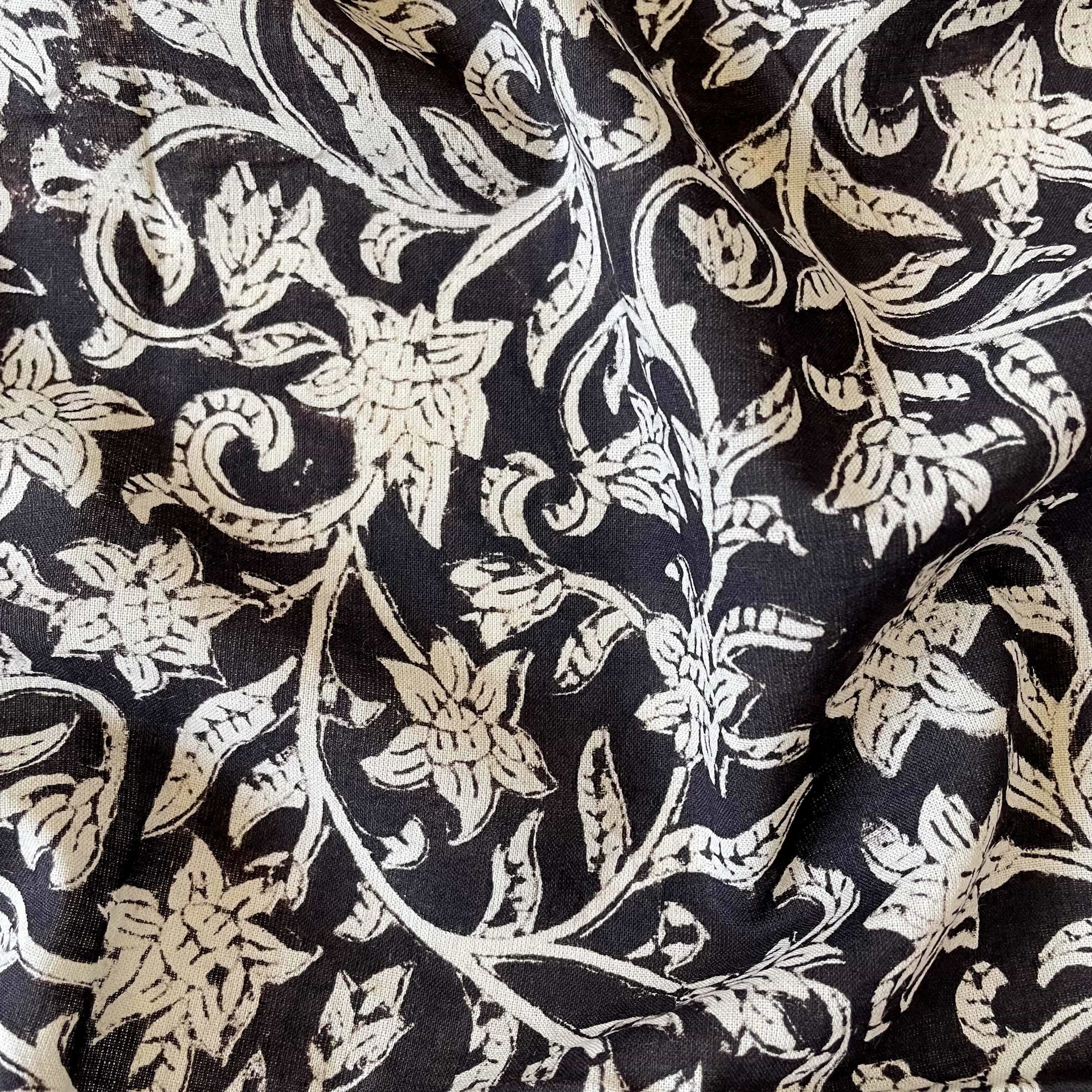 Hand Block Printed Cotton Fabric Blouse Piece Black & Beige Floral Vines Ajrakh Natural Dyed Hand Block Printed Pure Cotton Blouse Piece (1 Meter Piece | Width 42 Inches)