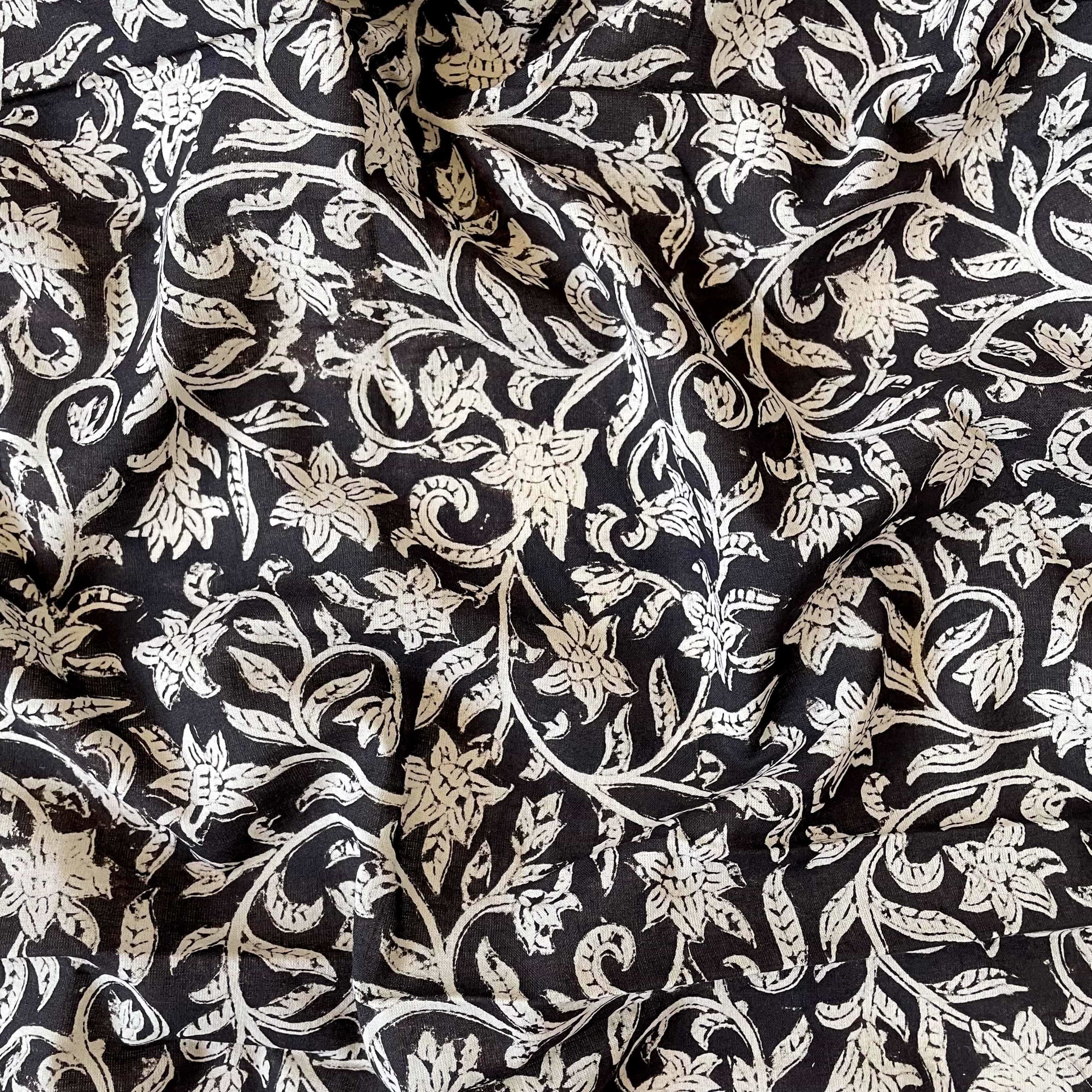 Hand Block Printed Cotton Fabric Blouse Piece Black & Beige Floral Vines Ajrakh Natural Dyed Hand Block Printed Pure Cotton Blouse Piece (1 Meter Piece | Width 42 Inches)