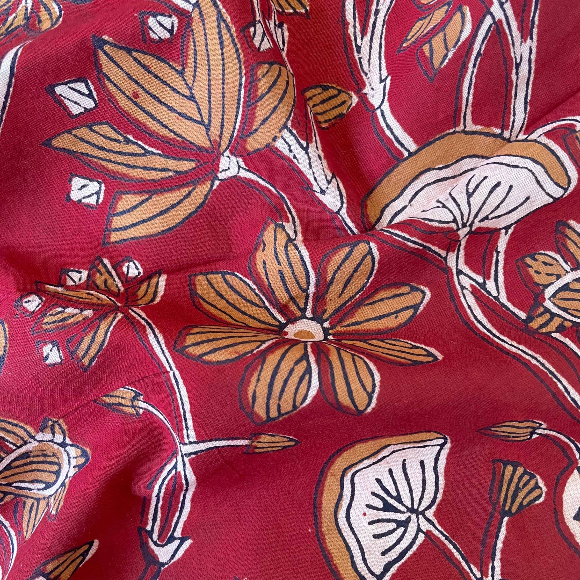 Hand Block Printed Cotton Fabric Blouse Piece Brick Red & Beige Jahota Floral Hand Block Printed Pure Cotton Blouse Piece (1 Meter Piece | Width 42 Inches)