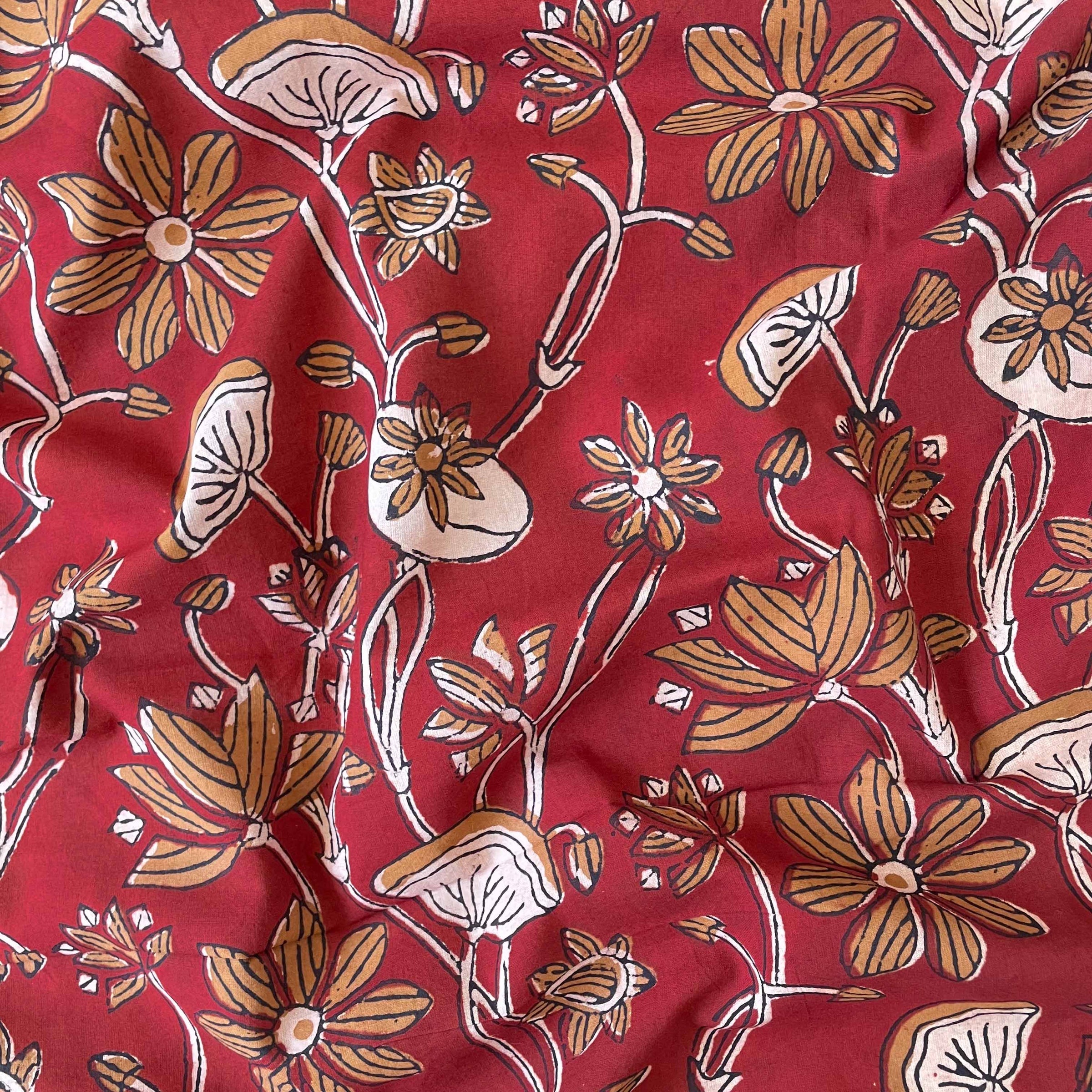 Hand Block Printed Cotton Fabric Blouse Piece Brick Red & Beige Jahota Floral Hand Block Printed Pure Cotton Blouse Piece (1 Meter Piece | Width 42 Inches)