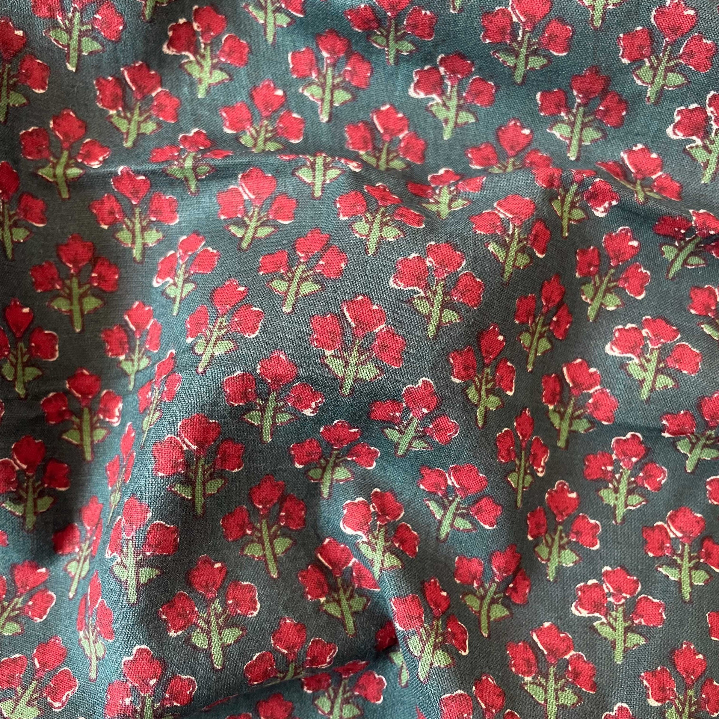Hand Block Printed Cotton Fabric Blouse Piece Dark Green & Red Abstract Floral Hand Block Printed Pure Cotton Blouse Piece (1 Meter Piece | Width 42 Inches)
