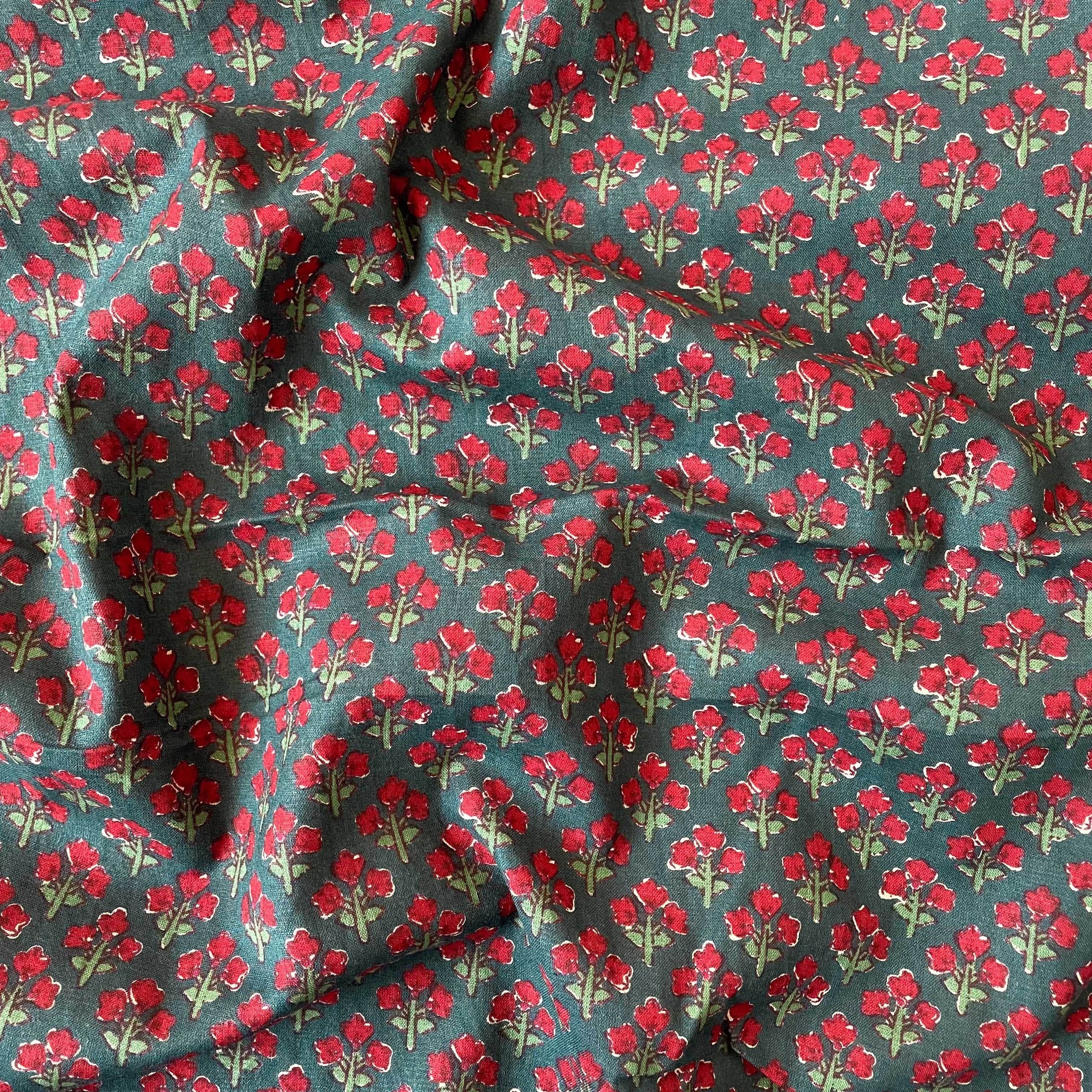Hand Block Printed Cotton Fabric Blouse Piece Dark Green & Red Abstract Floral Hand Block Printed Pure Cotton Blouse Piece (1 Meter Piece | Width 42 Inches)