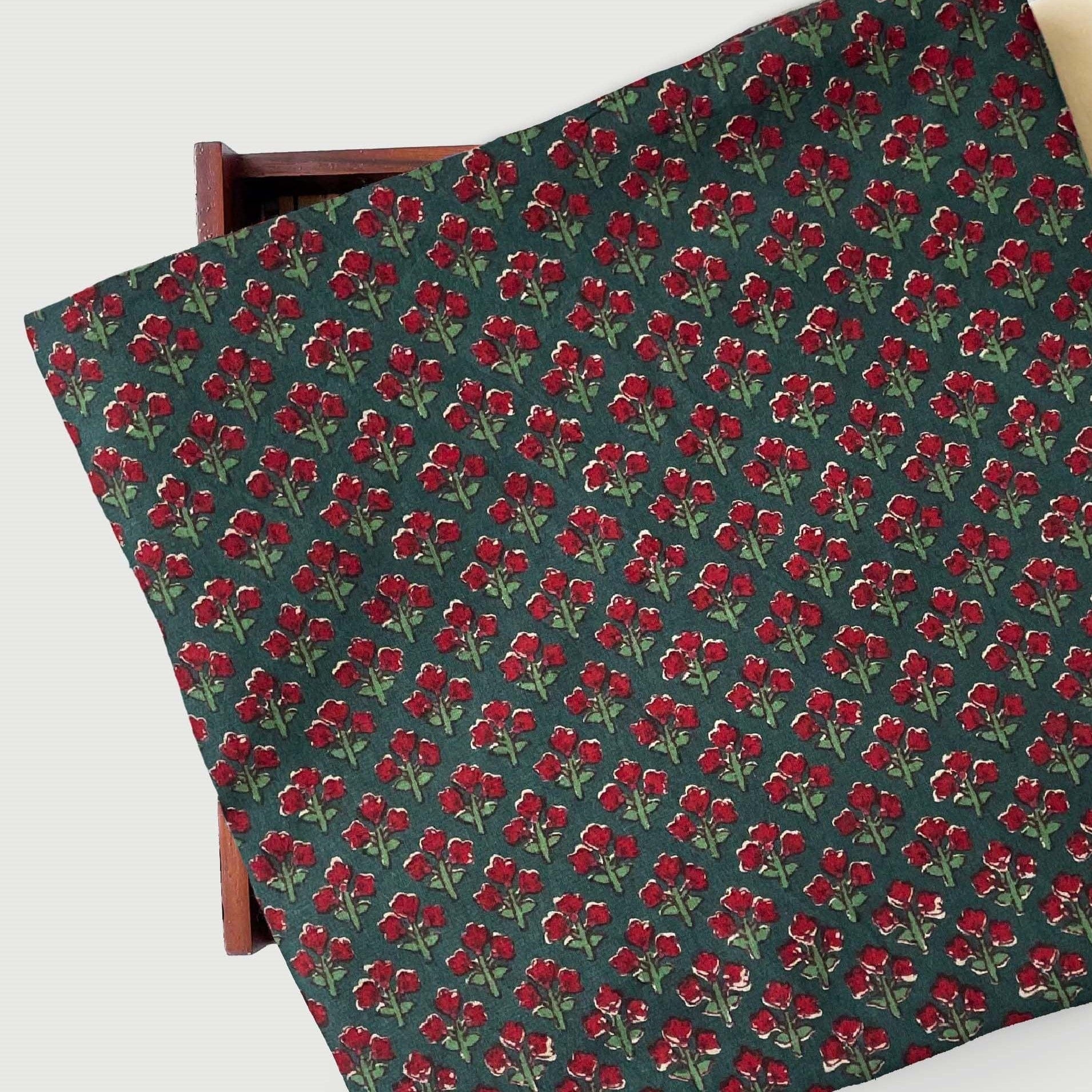 Hand Block Printed Cotton Fabric Blouse Piece Dark Green & Red Abstract Floral Hand Block Printed Pure Cotton Blouse Piece (1 Meter Piece | Width 42 Inches)