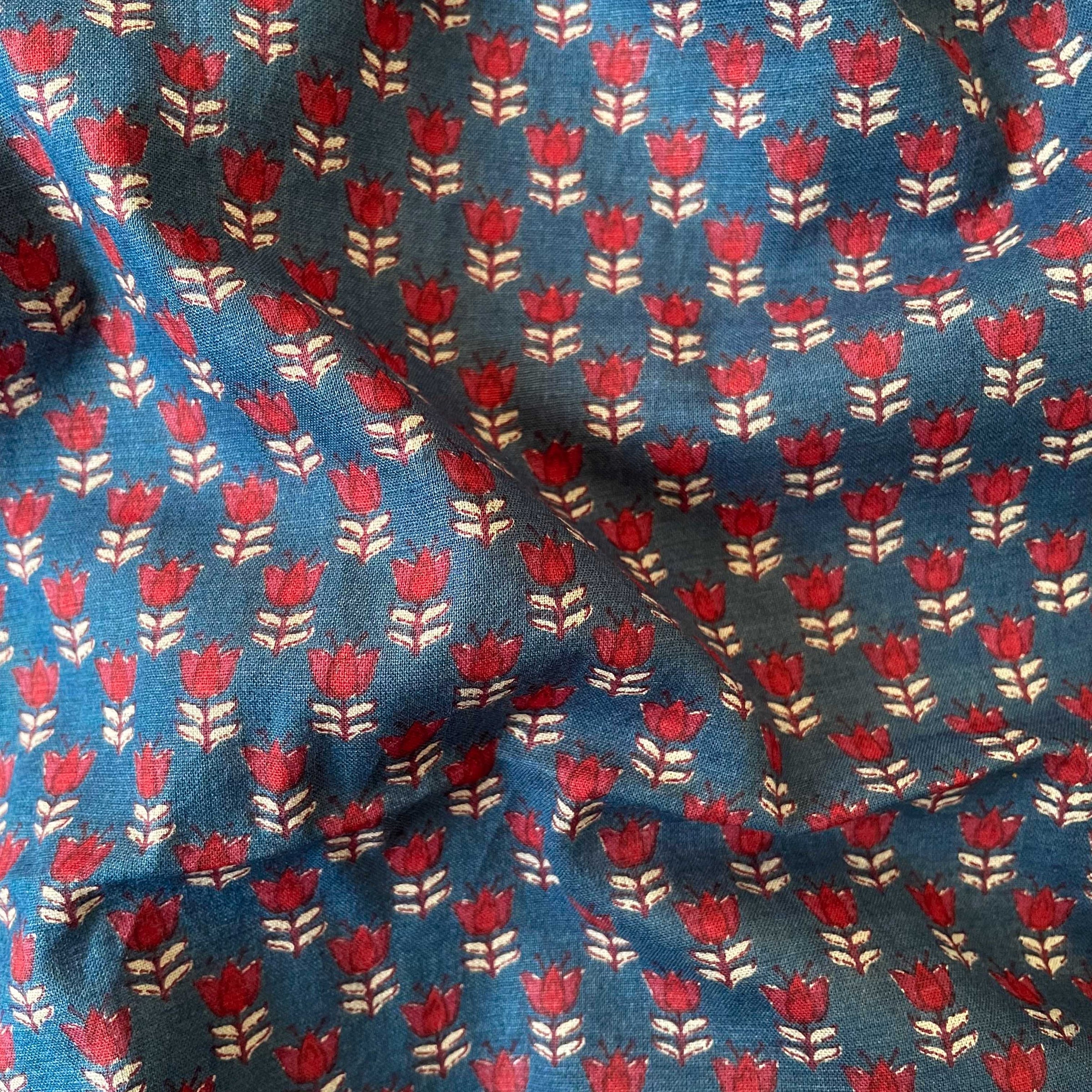 Hand Block Printed Cotton Fabric Blouse Piece Dusty Blue & Red Mini TulipsHand Block Printed Pure Cotton Blouse Piece (1 Meter Piece | Width 42 Inches)