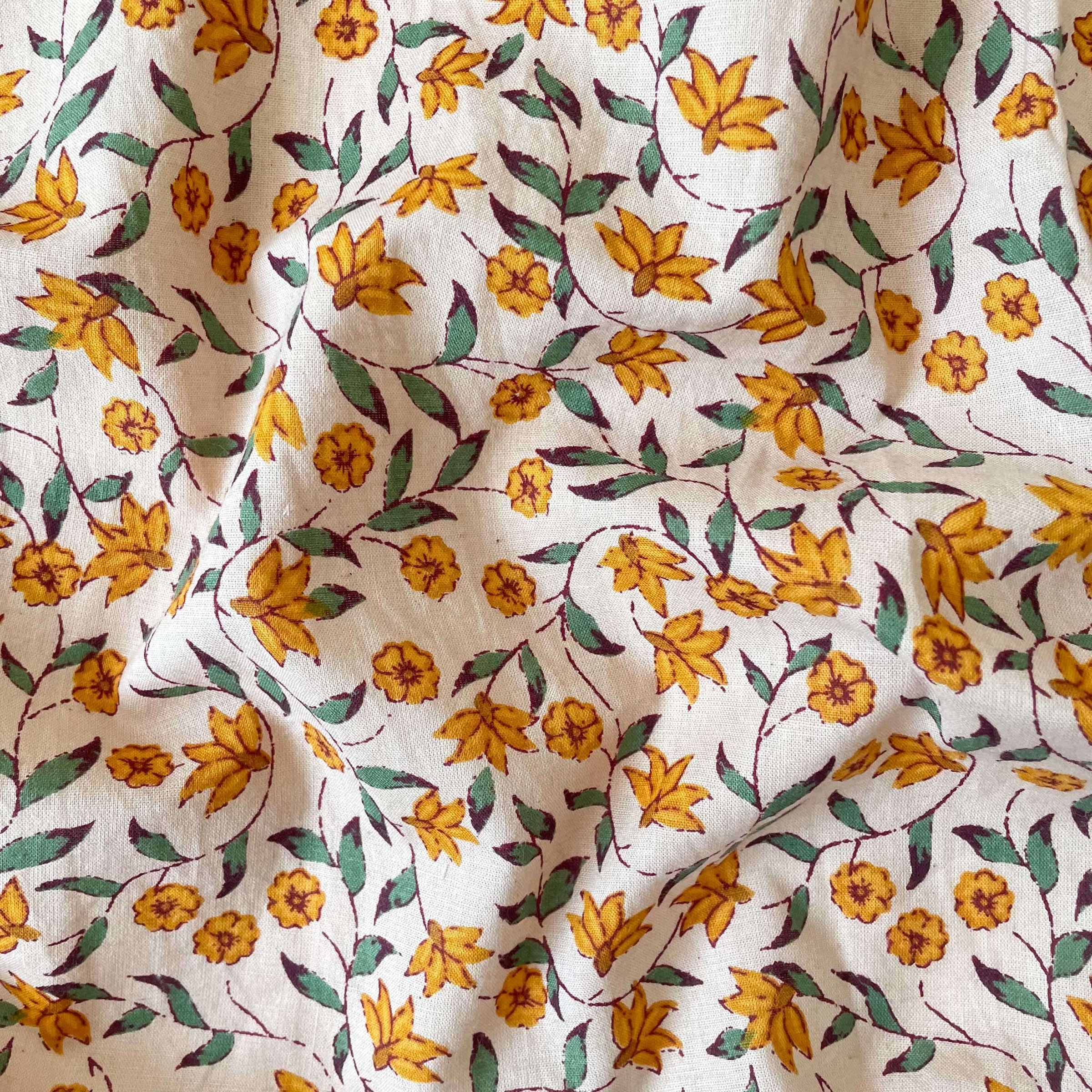 Hand Block Printed Cotton Fabric Blouse Piece Fresh Yellow & Beige Garden of Daisies Hand Block Printed Pure Cotton Blouse Piece (1 Meter Piece | Width 42 Inches)