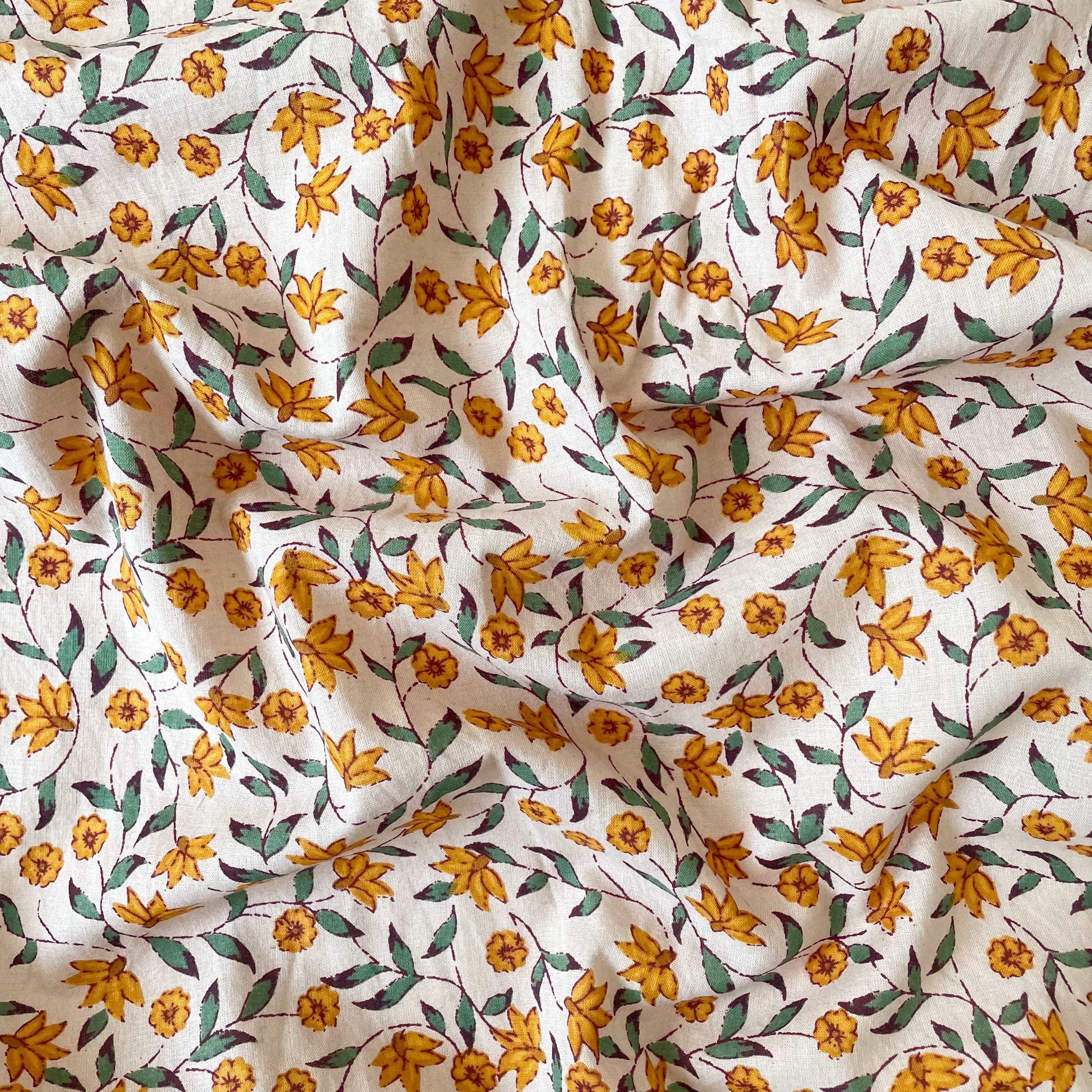 Hand Block Printed Cotton Fabric Blouse Piece Fresh Yellow & Beige Garden of Daisies Hand Block Printed Pure Cotton Blouse Piece (1 Meter Piece | Width 42 Inches)