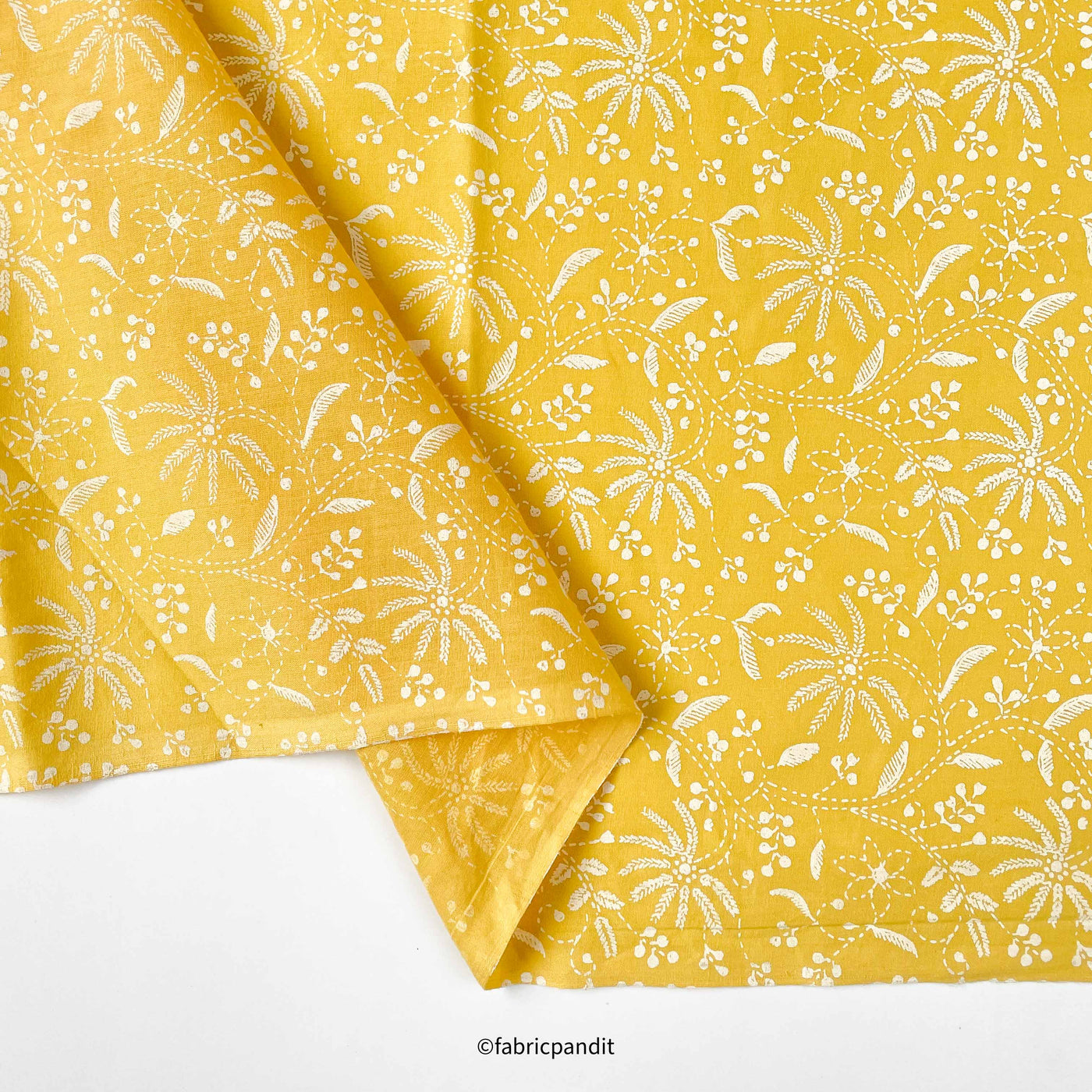 Hand Block Printed Cotton Fabric Cut Piece (CUT PIECE) Banana Yellow & White Forest of Hawaii Hand Block Printed Pure Cotton Modal Fabric (Width 42 inches)