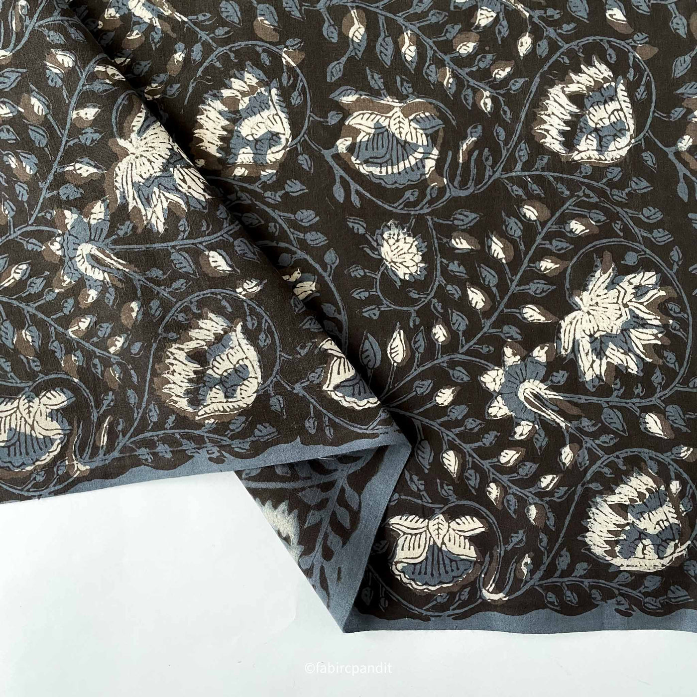 Hand Block Printed Cotton Fabric Cut Piece (CUT PIECE) Black and Blue Pure Vegetable Dyed Egyptian Flora Hand Block Printed Pure Cotton Fabric (Width 43 inches)
