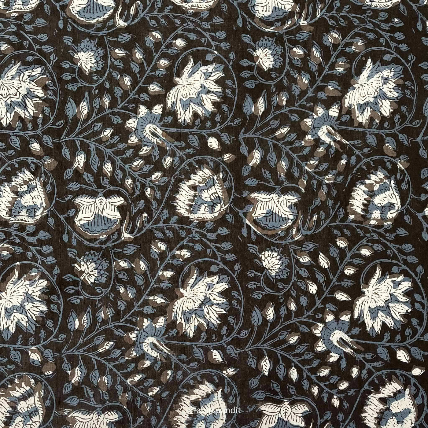 Hand Block Printed Cotton Fabric Cut Piece (CUT PIECE) Black and Blue Pure Vegetable Dyed Egyptian Flora Hand Block Printed Pure Cotton Fabric (Width 43 inches)