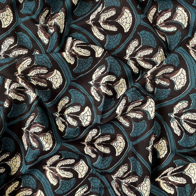 Hand Block Printed Cotton Fabric Cut Piece (CUT PIECE) Black and Dusty Blue Egyptian Tulips Hand Block Printed Pure Cotton Modal Fabric (Width 42 inches)