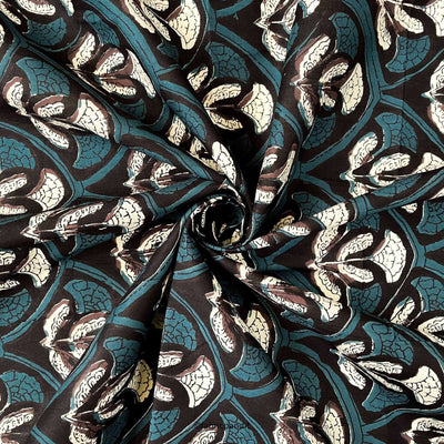 Hand Block Printed Cotton Fabric Cut Piece (CUT PIECE) Black and Dusty Blue Egyptian Tulips Hand Block Printed Pure Cotton Modal Fabric (Width 42 inches)