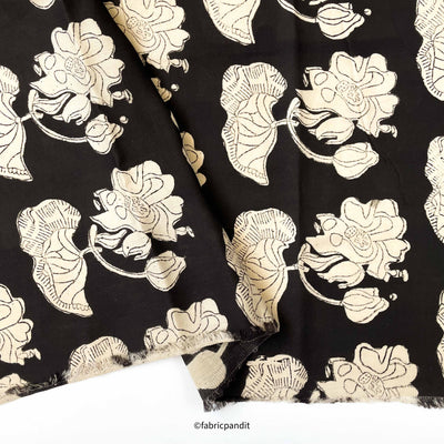 Hand Block Printed Cotton Fabric Cut Piece (CUT PIECE) Black & Beige Abstract Floral Authentic Bagru Hand Block Printed Pure Cotton Fabric (Width 42 inches)