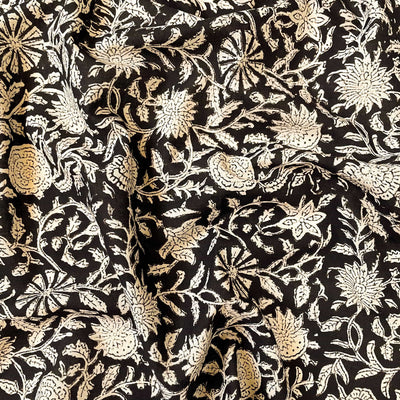 Hand Block Printed Cotton Fabric Cut Piece (CUT PIECE) Black & Beige Egyptial Floral Jaal Authentic Bagru Hand Block Printed Pure Cotton Fabric (Width 42 inches)