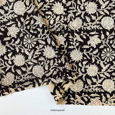 Hand Block Printed Cotton Fabric Cut Piece (CUT PIECE) Black & Beige Egyptial Floral Jaal Authentic Bagru Hand Block Printed Pure Cotton Fabric (Width 42 inches)